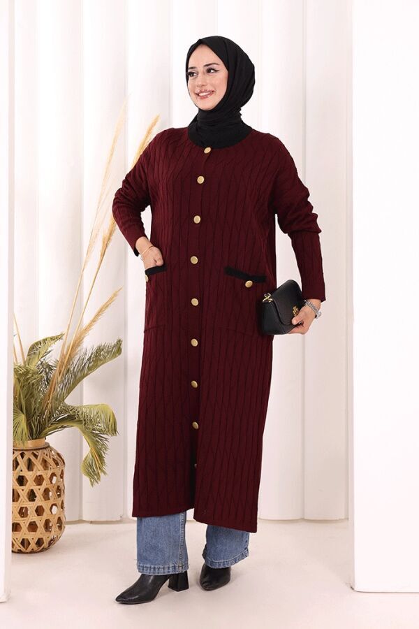 Desenli Triko Hırka 18207 Mürdüm - 8