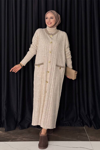 Desenli Triko Hırka 18207 Taş - Bym Fashion