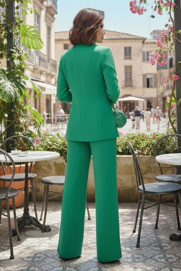 Düğme Detay Blazer Ceket Bol Pantolon Takım 8302 Yeşil - 3