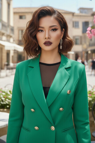 Düğme Detay Blazer Ceket Bol Pantolon Takım 8302 Yeşil - 4