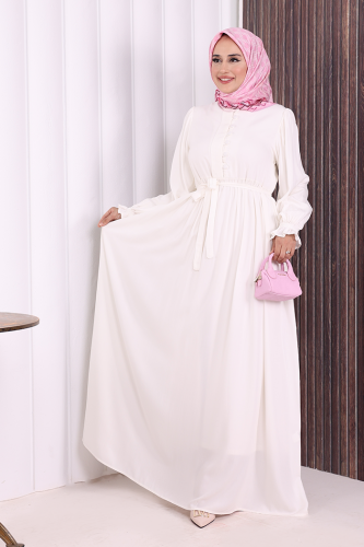 Düğme Detay Elbise 6055 Ekru - Bym Fashion