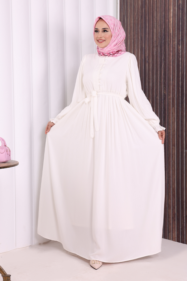 Düğme Detay Elbise 6055 Ekru - 2