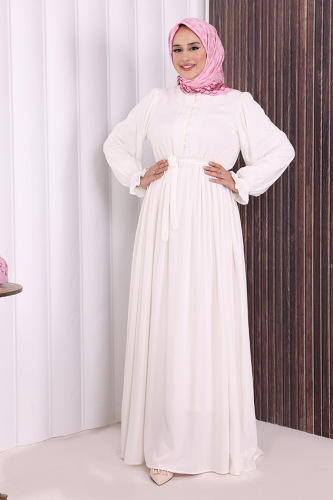 Düğme Detay Elbise 6055 Ekru - 3