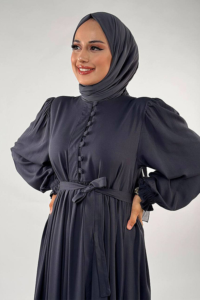Düğme Detay Elbise 6055 Füme - 3
