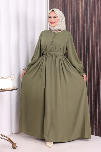 Düğme Detay Elbise 6055 Haki 