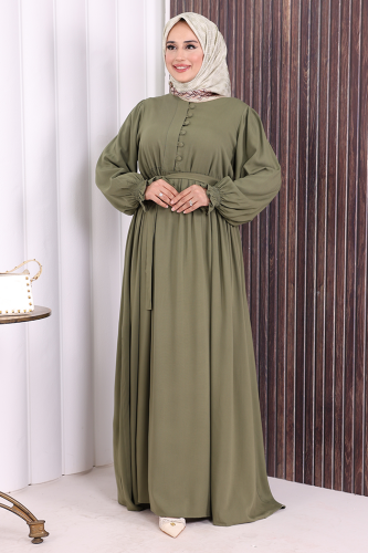 Düğme Detay Elbise 6055 Haki - 2