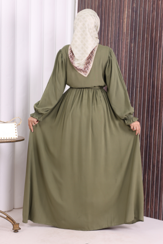 Düğme Detay Elbise 6055 Haki - 5