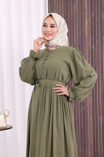 Düğme Detay Elbise 6055 Haki - 6