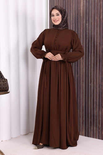 Düğme Detay Elbise 6055 Kahverengi - 2
