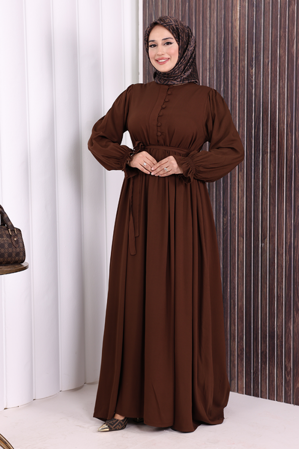 Düğme Detay Elbise 6055 Kahverengi - 2