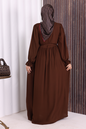 Düğme Detay Elbise 6055 Kahverengi - 4