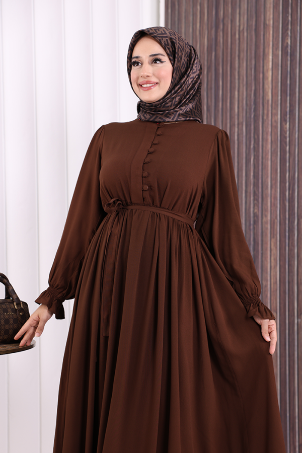 Düğme Detay Elbise 6055 Kahverengi - 5