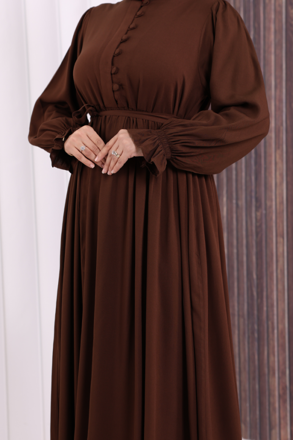 Düğme Detay Elbise 6055 Kahverengi - 6