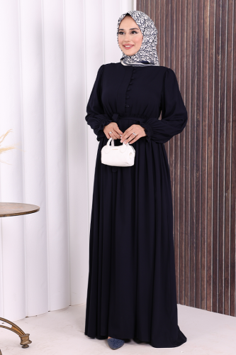 Düğme Detay Elbise 6055 Lacivert - Bym Fashion