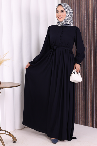 Düğme Detay Elbise 6055 Lacivert - 2