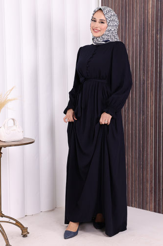 Düğme Detay Elbise 6055 Lacivert - 3