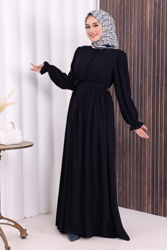 Düğme Detay Elbise 6055 Lacivert - 4