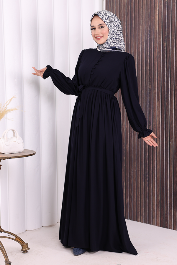 Düğme Detay Elbise 6055 Lacivert - 4