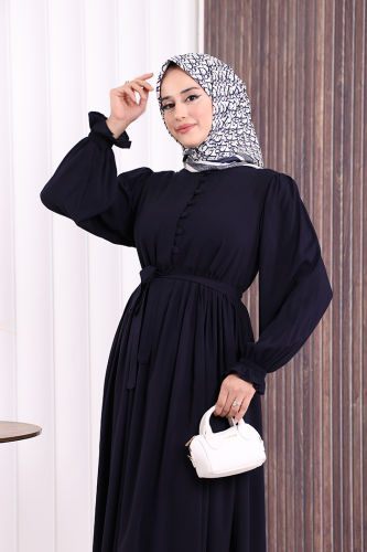 Düğme Detay Elbise 6055 Lacivert - 6