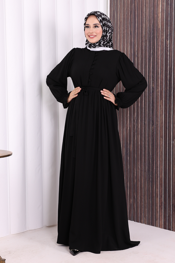 Düğme Detay Elbise 6055 Siyah - 3