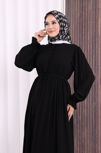 Düğme Detay Elbise 6055 Siyah - 5