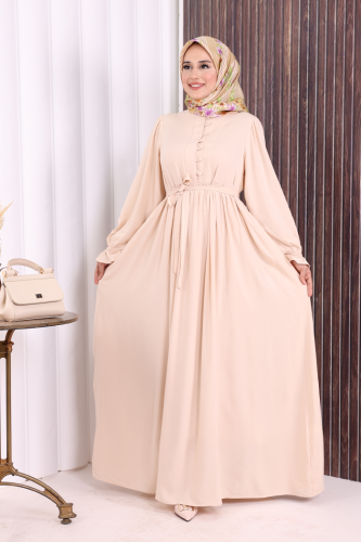 Düğme Detay Elbise 6055 Taş - Bym Fashion