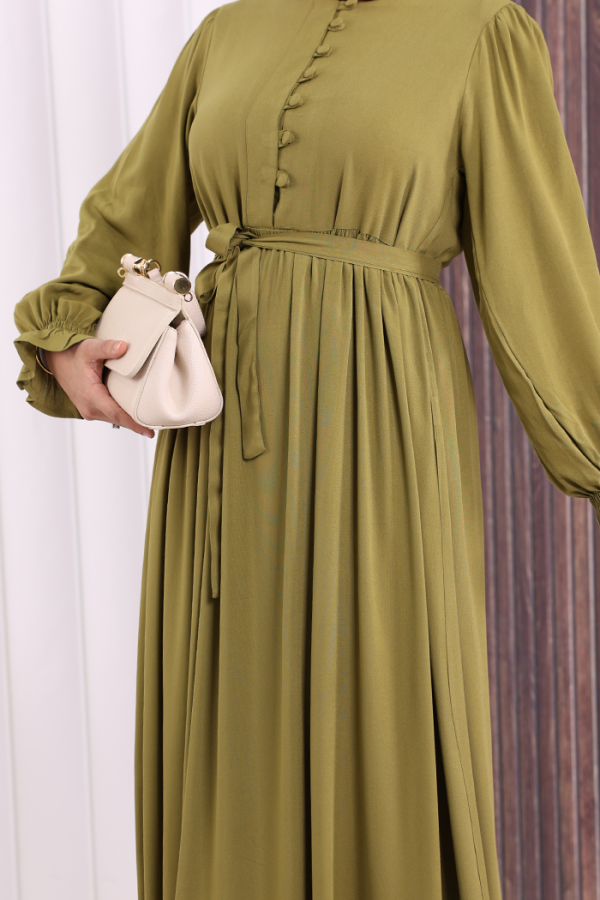 Düğme Detay Elbise 6055 Yağ Yeşili - 6