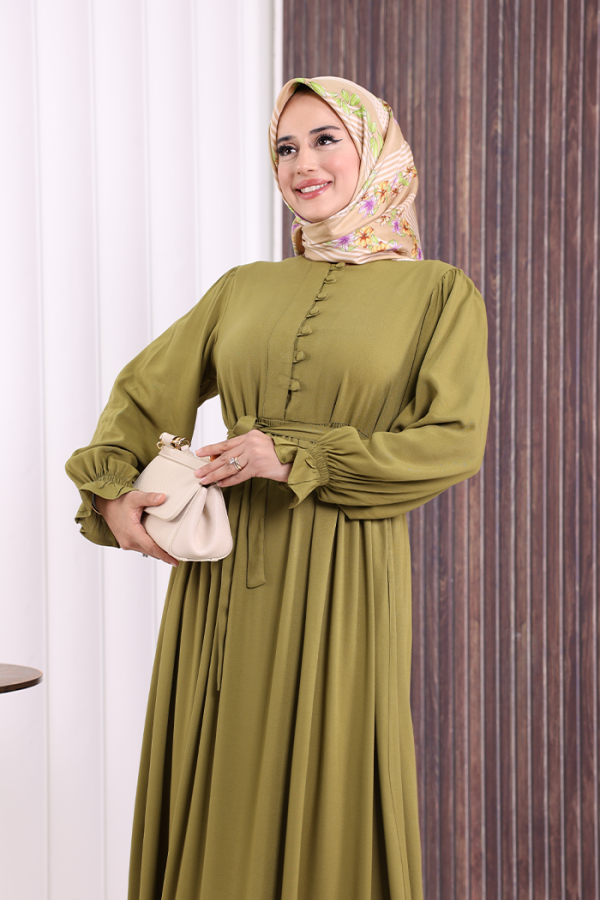 Düğme Detay Elbise 6055 Yağ Yeşili - 5