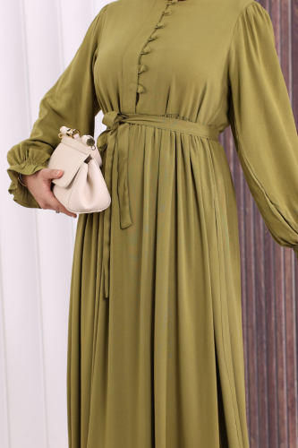 Düğme Detay Elbise 6055 Yağ Yeşili - 6