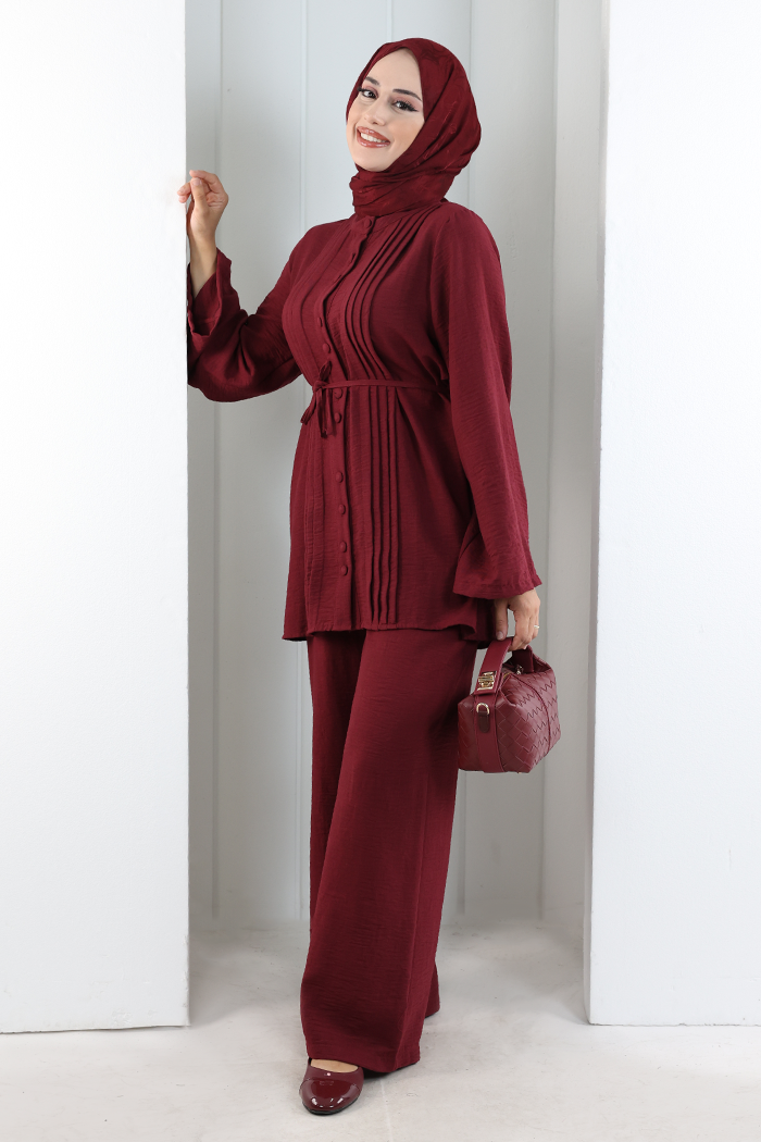 Düğme Detay İkili Takım 8711 Bordo - 3