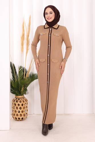 Düğme Detaylı Cep Görünümlü Triko Dar Elbise 23312 Taba - Bym Fashion