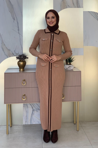 Düğme Detaylı Cep Görünümlü Triko Dar Elbise 23312 Taba - 7