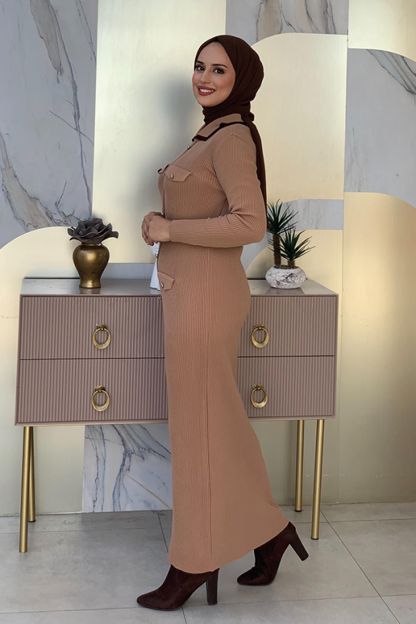 Düğme Detaylı Cep Görünümlü Triko Dar Elbise 23312 Taba - 8