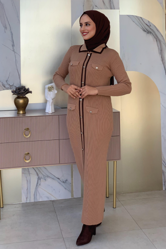 Düğme Detaylı Cep Görünümlü Triko Dar Elbise 23312 Taba - 9