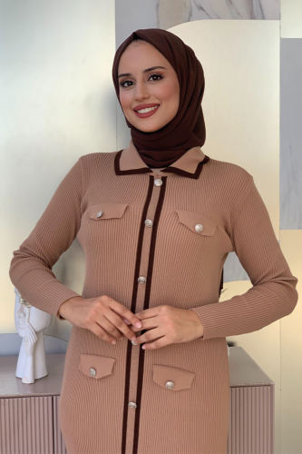 Düğme Detaylı Cep Görünümlü Triko Dar Elbise 23312 Taba - 10
