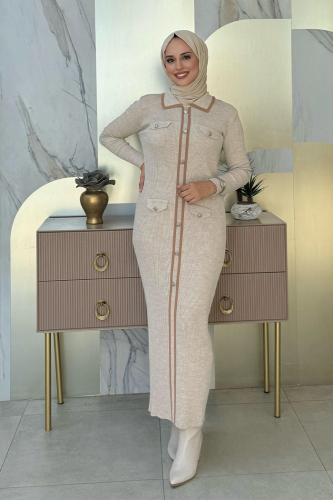 Düğme Detaylı Cep Görünümlü Triko Dar Elbise 23312 Taş - Bym Fashion
