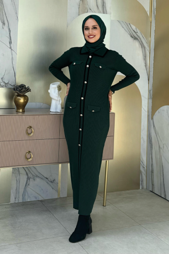 Düğme Detaylı Cep Görünümlü Triko Dar Elbise 23312 Zümrüt - Bym Fashion