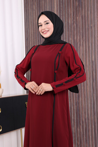 Düğme Detaylı Elbise 3919 Bordo - 5