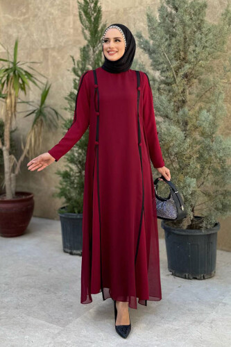 Düğme Detaylı Elbise 3919 Bordo - Bym Fashion