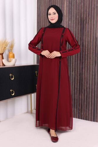 Düğme Detaylı Elbise 3919 Bordo - 2