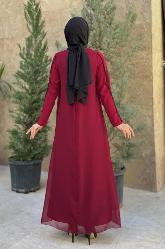 Düğme Detaylı Elbise 3919 Bordo - 4
