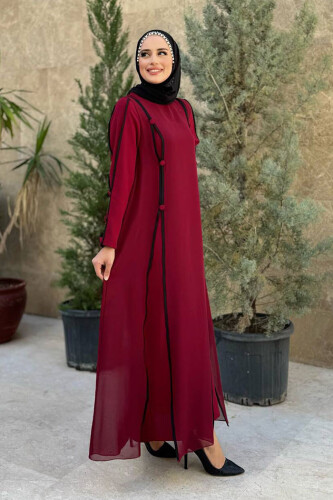 Düğme Detaylı Elbise 3919 Bordo - 6