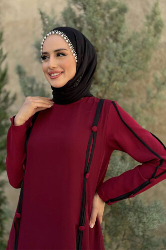 Düğme Detaylı Elbise 3919 Bordo - 8