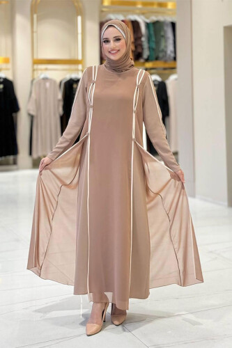 Düğme Detaylı Elbise 3919 Vizon - Bym Fashion