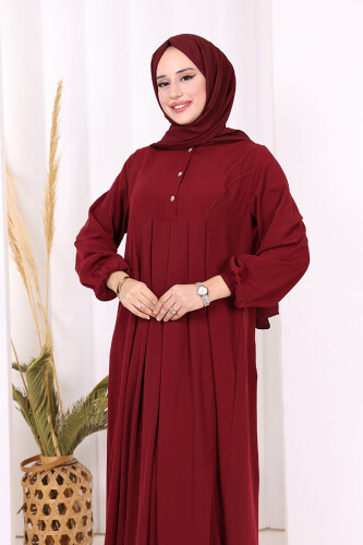 Düğme Detaylı Elbise 6028 Bordo - 5