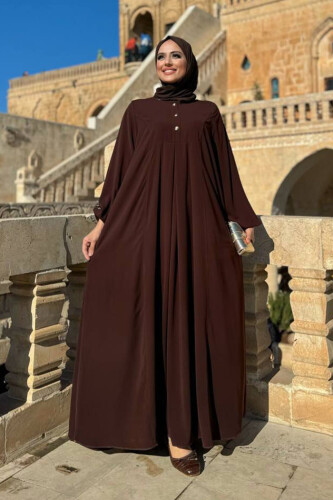 Düğme Detaylı Elbise 6028 Kahverengi - Bym Fashion