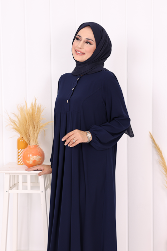 Düğme Detaylı Elbise 6028 Lacivert - 3