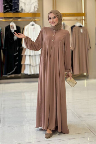 Düğme Detaylı Elbise 6028 Vizon - bym fashion