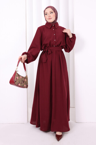 Düğme Detaylı Elbise 6097 Bordo