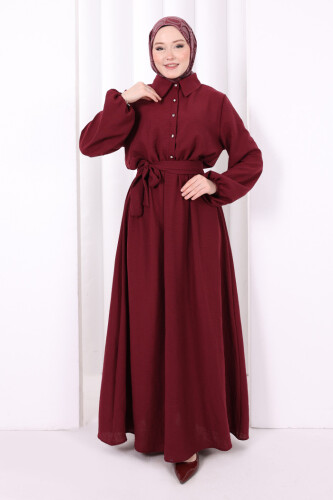 Düğme Detaylı Elbise 6097 Bordo - 2